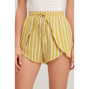 Lulus Mindy Yellow And White Striped Drawstring Shorts - Size M